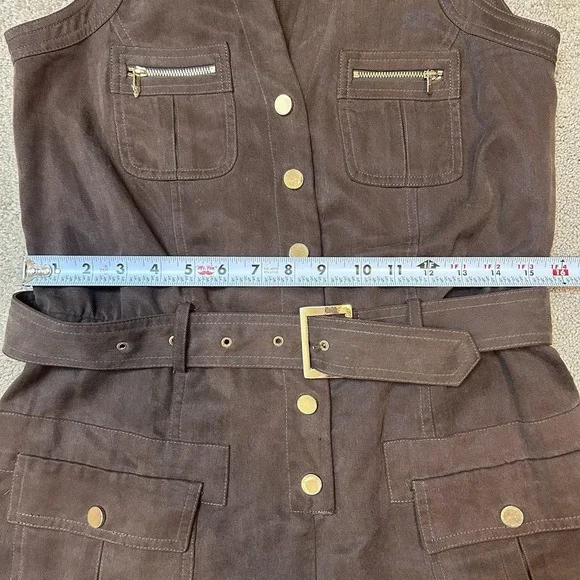 RARE Y2K Cache Tencel Romper Size S Gold Buttons Belted Mock Neck Breathable - Picture 8 of 9